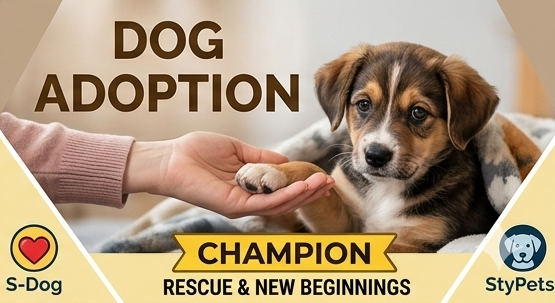Heartwarming visual of a rescue puppy being welcomed into a new home, representing the StyPets adoption champion program.