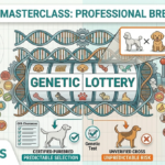 Educational infographic by Zeke illustrating the 'Genetic Dice Roll' of crossing purebred dogs, comparing the idealized 'Designer' myth against the real genetic volatility of an F1 litter, including varied coats and unpredictable traits.