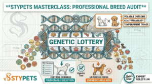 Educational infographic by Zeke illustrating the 'Genetic Dice Roll' of crossing purebred dogs, comparing the idealized 'Designer' myth against the real genetic volatility of an F1 litter, including varied coats and unpredictable traits.