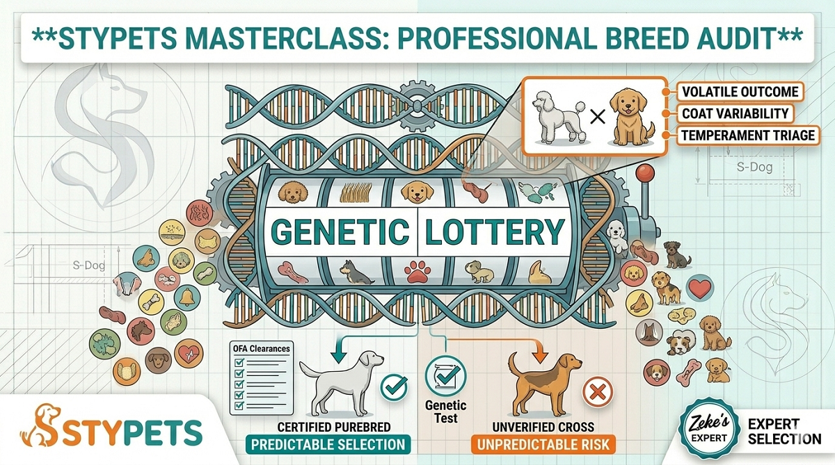 Educational infographic by Zeke illustrating the 'Genetic Dice Roll' of crossing purebred dogs, comparing the idealized 'Designer' myth against the real genetic volatility of an F1 litter, including varied coats and unpredictable traits.