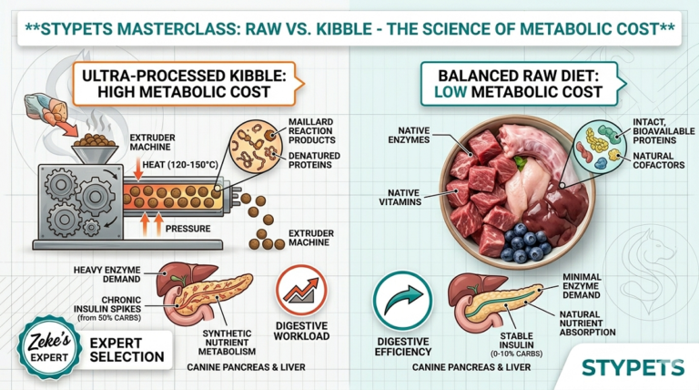 Expert featured image by Zeke comparing the high metabolic workload of processed kibble versus the low metabolic efficiency of a fresh raw diet for dogs.