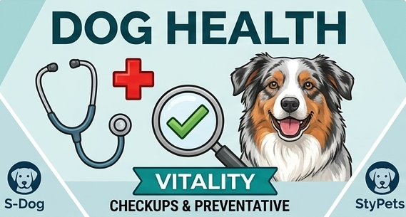 Canine health infographic focusing on preventative care, veterinary checkups, and physical vitality.