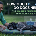 A technical STYPETS infographic detailing how much deep sleep do dogs need. Panels show the 6-stage glymphatic cleaning cycle, REM vs non-REM ratios, and an orthopedic sleep station setup with Zeke’s Expert Selection badge.