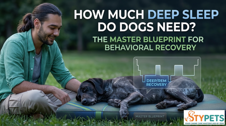 A technical STYPETS infographic detailing how much deep sleep do dogs need. Panels show the 6-stage glymphatic cleaning cycle, REM vs non-REM ratios, and an orthopedic sleep station setup with Zeke’s Expert Selection badge.