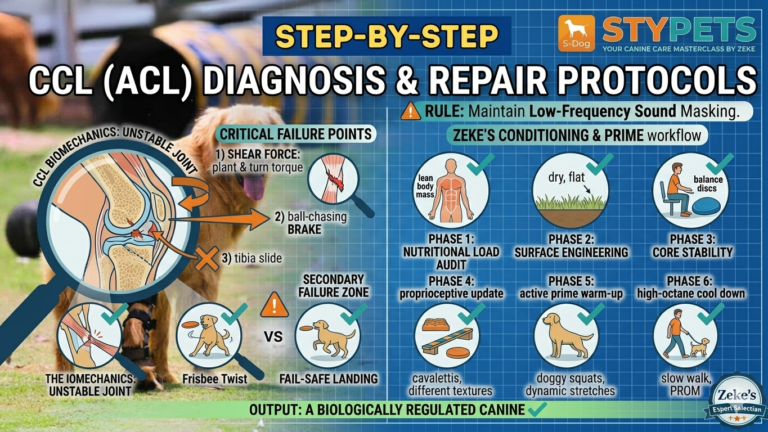 A technical engineering infographic detailing the biomechanics of preventing dog acl injuries. The graphic shows force vectors on a canine hind limb, core muscle groups for stabilization, and a 4-step warm-up protocol on an architectural grid background with the STYPETS logo.