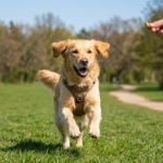 A happy dog running at full speed toward its owner in an open park, showcasing a successful recall command.