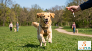 A happy dog running at full speed toward its owner in an open park, showcasing a successful recall command.