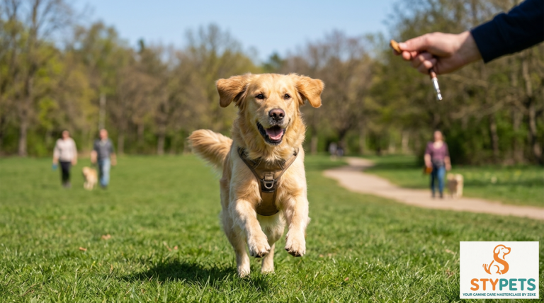 A happy dog running at full speed toward its owner in an open park, showcasing a successful recall command.