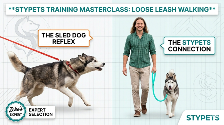 Expert featured image by Zeke comparing a dog straining on a tight leash (sled dog reflex) versus a dog walking calmly on a loose leash (STYPETS connection).