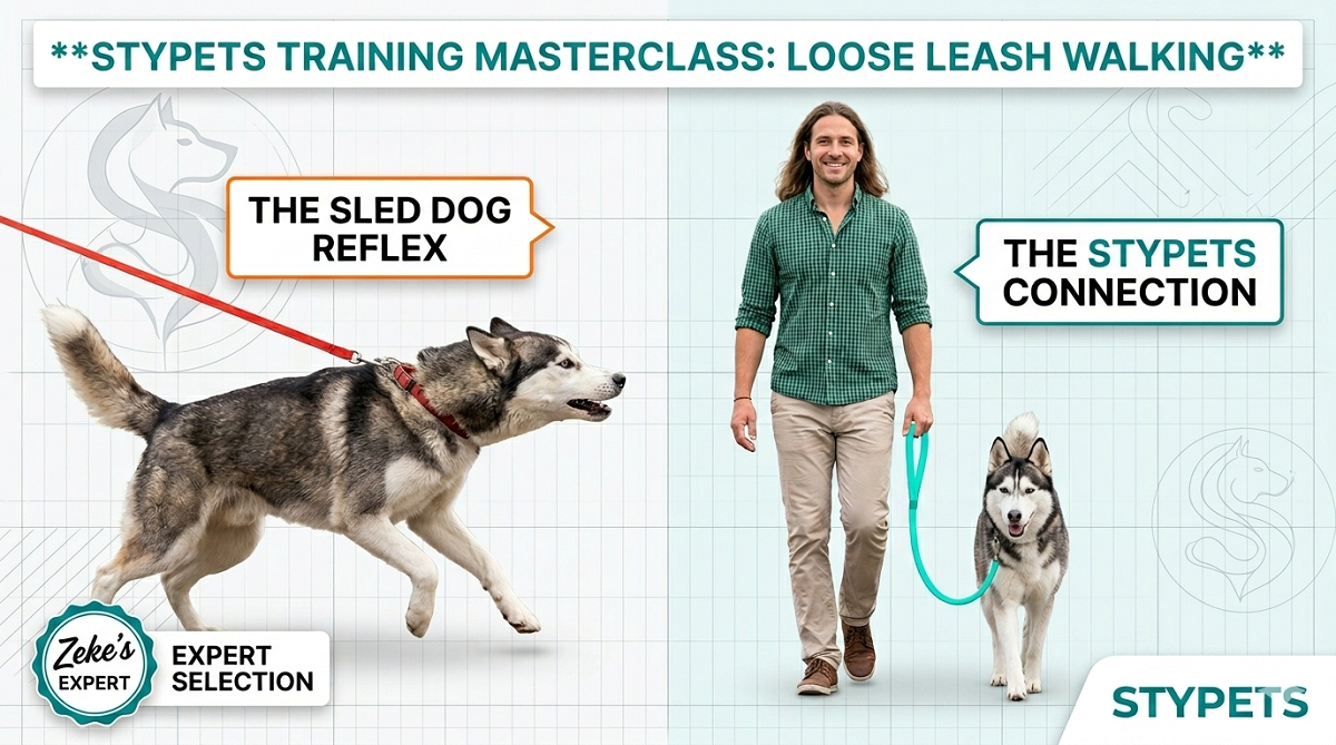 Expert featured image by Zeke comparing a dog straining on a tight leash (sled dog reflex) versus a dog walking calmly on a loose leash (STYPETS connection).