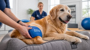 Expert application of Cold Therapy for Dogs Joints using a protected gel pack on a senior Golden Retriever to reduce inflammation and promote joint health recovery.