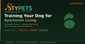 Training Dog for Apartment Living A feature image schematic infographic by Zeke illustrating the STYPETS Elevator Protocol for apartment dog training. It contrasts input from a reactive dog facing a confined threshold challenge with a structured 5-phase desensitization schematic (lobby, entry, ride, social, proofing) for navigating multi-story buildings, culminating in a calm, confident urban dog result.
