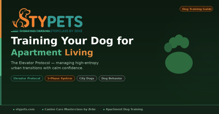 Training Dog for Apartment Living A feature image schematic infographic by Zeke illustrating the STYPETS Elevator Protocol for apartment dog training. It contrasts input from a reactive dog facing a confined threshold challenge with a structured 5-phase desensitization schematic (lobby, entry, ride, social, proofing) for navigating multi-story buildings, culminating in a calm, confident urban dog result.