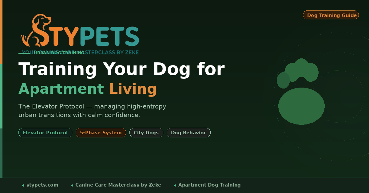 Training Dog for Apartment Living A feature image schematic infographic by Zeke illustrating the STYPETS Elevator Protocol for apartment dog training. It contrasts input from a reactive dog facing a confined threshold challenge with a structured 5-phase desensitization schematic (lobby, entry, ride, social, proofing) for navigating multi-story buildings, culminating in a calm, confident urban dog result.