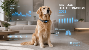 Best Dog Health Trackers 2026 A Golden Retriever wearing a 2026 smart collar with a holographic HUD showing HRV and sleep bio-signals for advanced dog care.