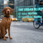 A Border Collie exhibiting optimal emotional regulation and a neutral trigger index during urban dog neutrality training.
