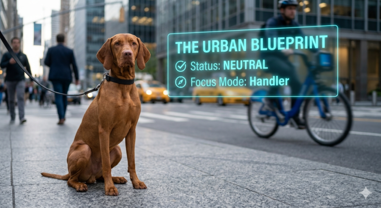 A Border Collie exhibiting optimal emotional regulation and a neutral trigger index during urban dog neutrality training.