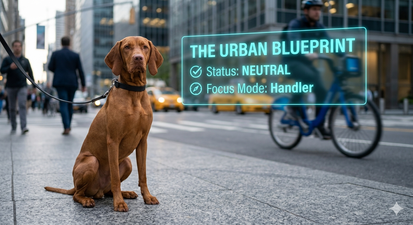 A Border Collie exhibiting optimal emotional regulation and a neutral trigger index during urban dog neutrality training.