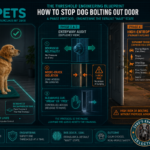 A STYPETS technical blueprint diagram visualizing how to stop a dog from bolting out the front door. The schematic shows a calm dog on a safe 'Place' mat inside the home (Teal). An entryway schematic breaks down the 4-phase threshold protocol, illustrating 'Doorknob Neutrality', 'Micro-Crack Isolation', and the 'Clearance Cue' to access the high-entropy street zone (Orange). How to Stop Dog Bolting Out Door