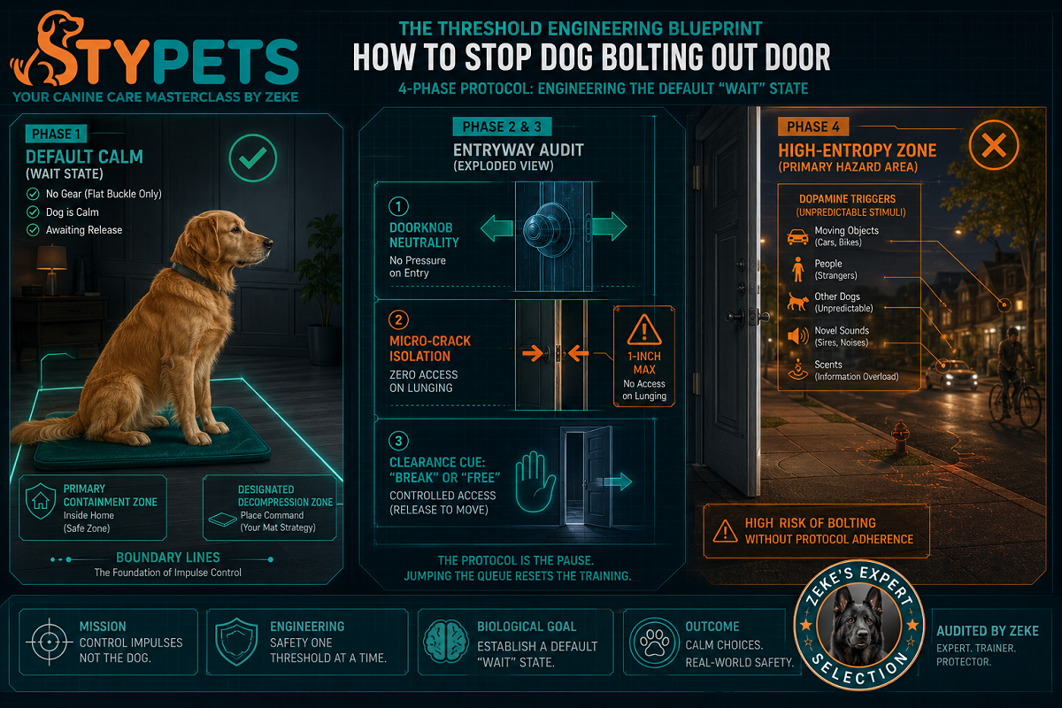 A STYPETS technical blueprint diagram visualizing how to stop a dog from bolting out the front door. The schematic shows a calm dog on a safe 'Place' mat inside the home (Teal). An entryway schematic breaks down the 4-phase threshold protocol, illustrating 'Doorknob Neutrality', 'Micro-Crack Isolation', and the 'Clearance Cue' to access the high-entropy street zone (Orange). How to Stop Dog Bolting Out Door