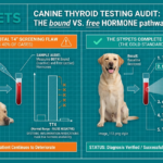 Don't miss the diagnosis. This technical STYPETS diagnostic schematic visualizes why standard veterinary testing fails to identify hypothyroidism in dogs symptoms. The blueprint maps the 'bound vs. free hormone pathway', demonstrating how systemic inflammation and medication mask the Total T4 reading, leading to 40% misdiagnosis rates. The infographic details Zeke's complete five-pillar endocrine panel, including the 'Gold Standard' fT4ed via Equilibrium Dialysis to measure true cellular metabolism. A mandatory visual audit for advanced Dog Health engineering. Audited by Zeke.