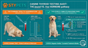 Don't miss the diagnosis. This technical STYPETS diagnostic schematic visualizes why standard veterinary testing fails to identify hypothyroidism in dogs symptoms. The blueprint maps the 'bound vs. free hormone pathway', demonstrating how systemic inflammation and medication mask the Total T4 reading, leading to 40% misdiagnosis rates. The infographic details Zeke's complete five-pillar endocrine panel, including the 'Gold Standard' fT4ed via Equilibrium Dialysis to measure true cellular metabolism. A mandatory visual audit for advanced Dog Health engineering. Audited by Zeke.