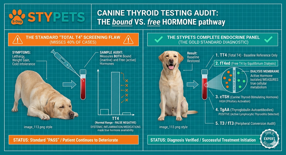 Don't miss the diagnosis. This technical STYPETS diagnostic schematic visualizes why standard veterinary testing fails to identify hypothyroidism in dogs symptoms. The blueprint maps the 'bound vs. free hormone pathway', demonstrating how systemic inflammation and medication mask the Total T4 reading, leading to 40% misdiagnosis rates. The infographic details Zeke's complete five-pillar endocrine panel, including the 'Gold Standard' fT4ed via Equilibrium Dialysis to measure true cellular metabolism. A mandatory visual audit for advanced Dog Health engineering. Audited by Zeke.