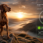 A fit Vizsla at sunrise representing intermittent fasting for dogs with a holographic health HUD showing active autophagy.