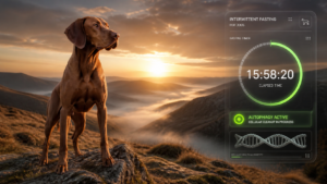 A fit Vizsla at sunrise representing intermittent fasting for dogs with a holographic health HUD showing active autophagy.