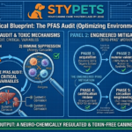 An expert infographic showing how to audit for PFAS in dog products, featuring the water-bead test and recommended natural materials like hemp and organic cotton for optimal Dog Health.