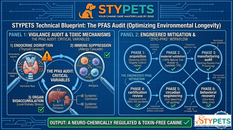 An expert infographic showing how to audit for PFAS in dog products, featuring the water-bead test and recommended natural materials like hemp and organic cotton for optimal Dog Health.