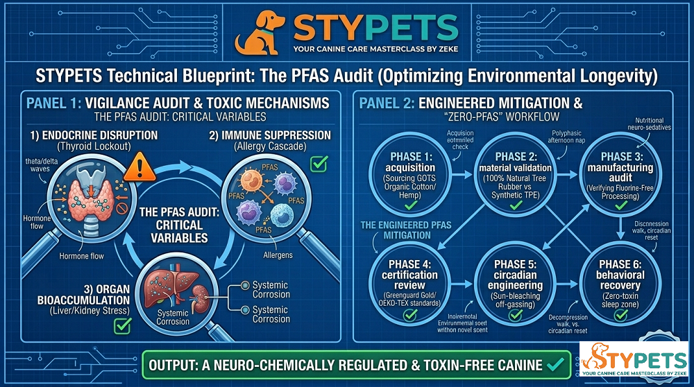 An expert infographic showing how to audit for PFAS in dog products, featuring the water-bead test and recommended natural materials like hemp and organic cotton for optimal Dog Health.