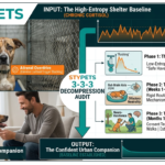 A technical STYPETS blueprint comparison. The top features a highly stressed rescue dog in a high-entropy shelter with orange technical alerts for 'Auditory Chaos' and 'Adrenal Overdrive'. A teal process arrow guides the eye through the '3-3-3 Decompression Audit', showing a phased recovery through 'Adrenal Flush', 'Biological Stabilization', and 'Personality Reveal'. The bottom shows the same dog as a calm, confident 'Urban Companion' with a green checkmark.