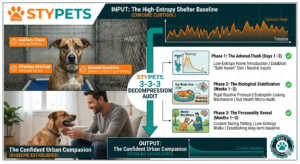 A technical STYPETS blueprint comparison. The top features a highly stressed rescue dog in a high-entropy shelter with orange technical alerts for 'Auditory Chaos' and 'Adrenal Overdrive'. A teal process arrow guides the eye through the '3-3-3 Decompression Audit', showing a phased recovery through 'Adrenal Flush', 'Biological Stabilization', and 'Personality Reveal'. The bottom shows the same dog as a calm, confident 'Urban Companion' with a green checkmark.