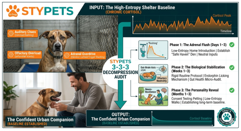 A technical STYPETS blueprint comparison. The top features a highly stressed rescue dog in a high-entropy shelter with orange technical alerts for 'Auditory Chaos' and 'Adrenal Overdrive'. A teal process arrow guides the eye through the '3-3-3 Decompression Audit', showing a phased recovery through 'Adrenal Flush', 'Biological Stabilization', and 'Personality Reveal'. The bottom shows the same dog as a calm, confident 'Urban Companion' with a green checkmark.
