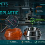 Technical STYPETS blueprint comparing a plastic dog bowl leaching endocrine disruptors vs. a safe stainless steel bowl. The diagnostic schematic highlights micro-scratches and biofilm hazards in the plastic material. safe dog food bowls no plastic