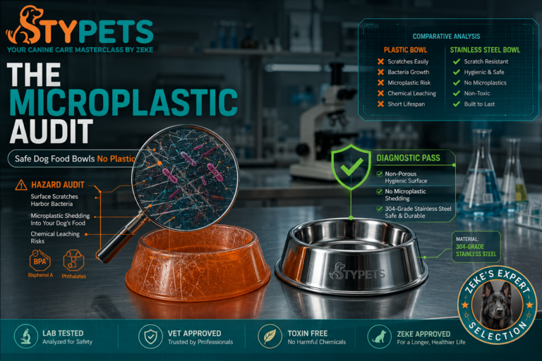 Technical STYPETS blueprint comparing a plastic dog bowl leaching endocrine disruptors vs. a safe stainless steel bowl. The diagnostic schematic highlights micro-scratches and biofilm hazards in the plastic material. safe dog food bowls no plastic