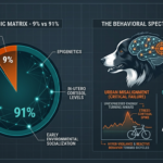 A technical STYPETS behavioral infographic displaying a dog breed temperament reliability chart. The diagram features a data matrix breaking down the 9 percent breed heritage motor patterns against 91 percent individual behavioral variance, illustrating how early socialization and urban environment stress shape an individual canine personality. Verified by Zeke. Dog Breed Temperament Reliability