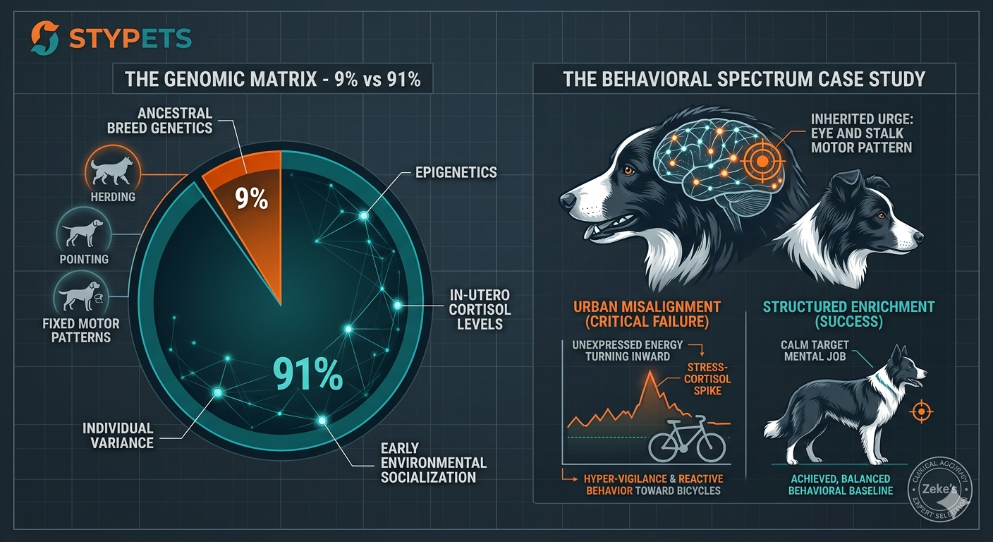 A technical STYPETS behavioral infographic displaying a dog breed temperament reliability chart. The diagram features a data matrix breaking down the 9 percent breed heritage motor patterns against 91 percent individual behavioral variance, illustrating how early socialization and urban environment stress shape an individual canine personality. Verified by Zeke. Dog Breed Temperament Reliability