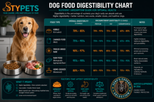 A detailed STYPETS nutritional engineering infographic showing a dog food digestibility chart. The comparative matrix uses a teal and charcoal layout to map out the absorption percentages of whole eggs, fresh muscle meat, organ meats, and plant proteins inside the canine intestinal tract, highlighting the superior cellular availability of whole foods over highly heat-processed alternatives. Verified by Zeke.