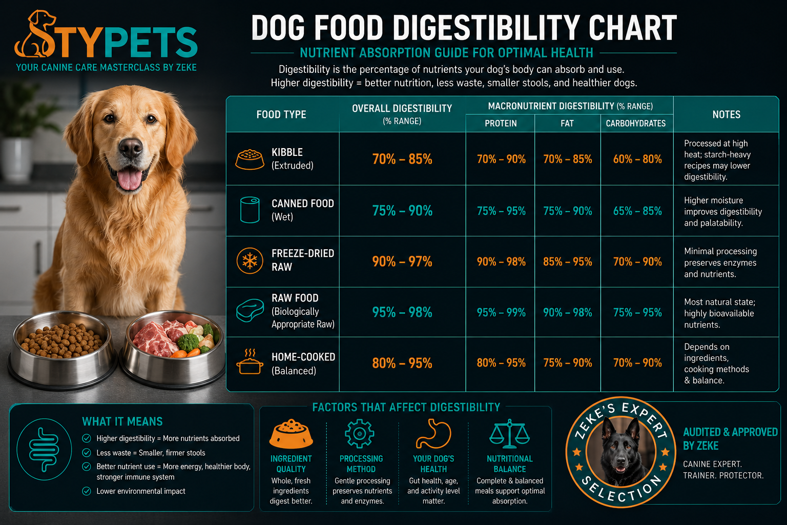 A detailed STYPETS nutritional engineering infographic showing a dog food digestibility chart. The comparative matrix uses a teal and charcoal layout to map out the absorption percentages of whole eggs, fresh muscle meat, organ meats, and plant proteins inside the canine intestinal tract, highlighting the superior cellular availability of whole foods over highly heat-processed alternatives. Verified by Zeke.