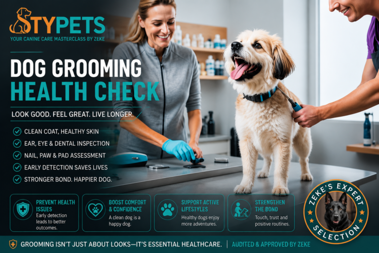 A technical STYPETS medical diagram for a dog grooming health check, comparing a healthy canine ear canal against the specific visual and olfactory signs of yeast overgrowth and bacterial infections.