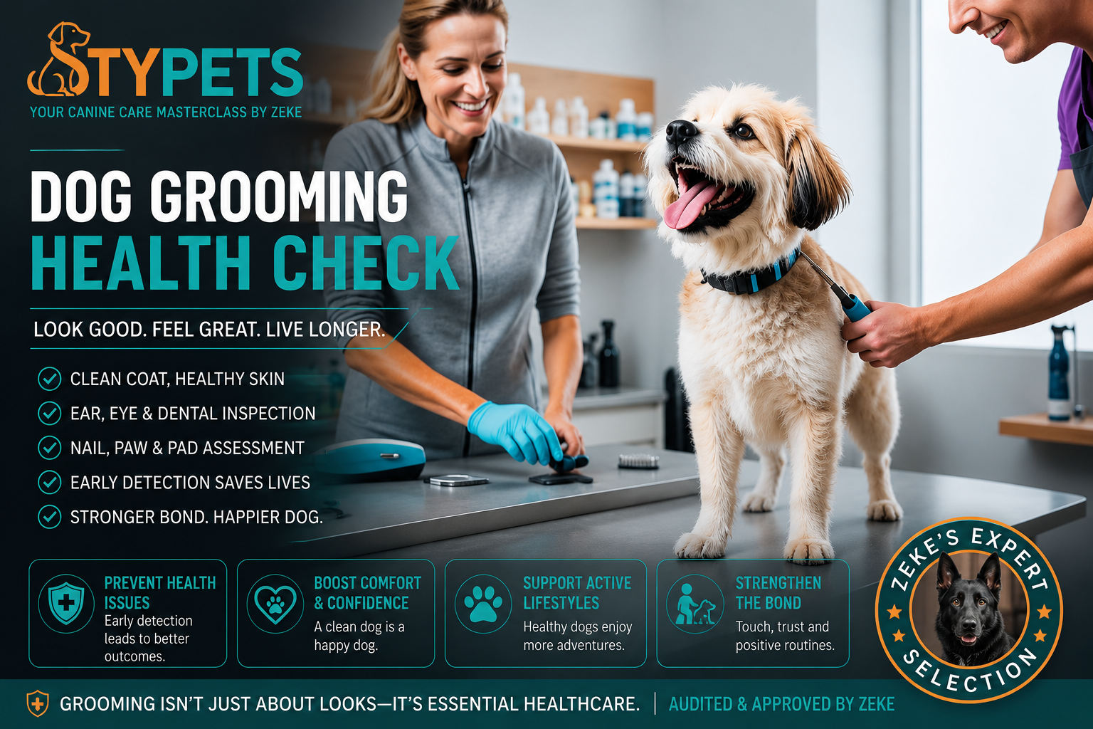 A technical STYPETS medical diagram for a dog grooming health check, comparing a healthy canine ear canal against the specific visual and olfactory signs of yeast overgrowth and bacterial infections.