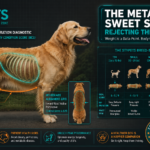 A detailed STYPETS technical infographic illustrating the 9-point Body Condition Score matrix alongside an ideal dog weight by breed chart, showcasing the visual and physical markers for underweight, ideal, and overweight canine body structures. Ideal Dog Weight by Breed Chart