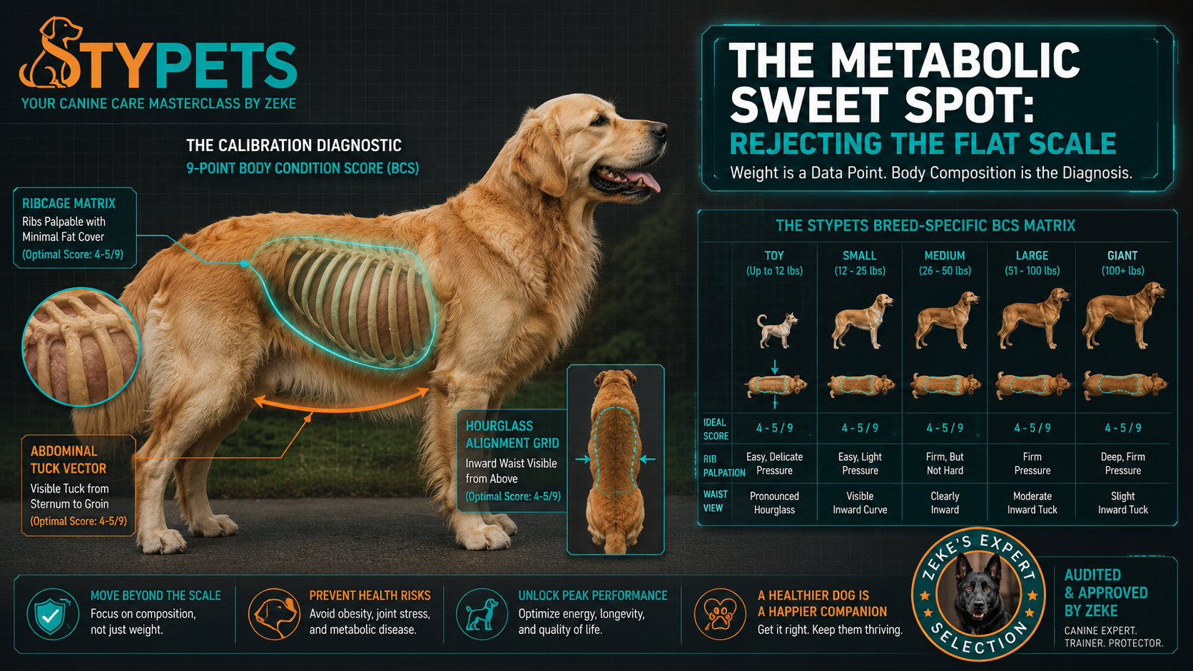 A detailed STYPETS technical infographic illustrating the 9-point Body Condition Score matrix alongside an ideal dog weight by breed chart, showcasing the visual and physical markers for underweight, ideal, and overweight canine body structures. Ideal Dog Weight by Breed Chart
